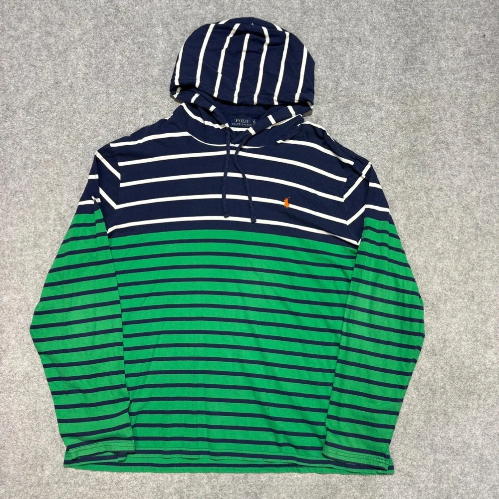 Polo Ralph Lauren Men XXL Hooded T-Shirt Navy Green Striped Jersey Hoodie